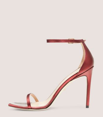 Stuart Weitzman,Nudistcurve 100 Strap Sandal,Sandal,Liquid Metallic Leather,Chile Red