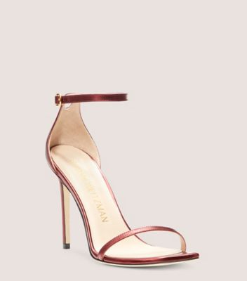 Stuart Weitzman,Sandale à sangle Nudistcurve 100,Sandal,Cuir métallique liquide,Rouge chili,Side View