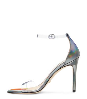 Stuart Weitzman,NUDISTCURVE 100 STRAP SANDAL,Sandal,Hologram specchio & PVC,Rehearsal Dinner,Gunmetal & Clear
