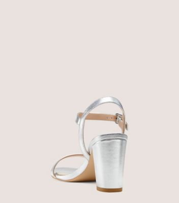 Stuart Weitzman,DANCER 75 BLOCK SANDAL,Leather,Rubber,Sandals,Formal,Metallic,Silver,Back View
