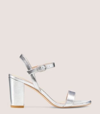 Stuart Weitzman,Dancer 75 Block Sandal,Sandal,Metallic leather,Silver,Front View