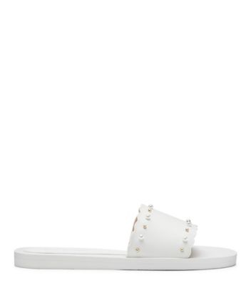Stuart Weitzman,Pearlstud Slide,Slide,Smooth Leather,White,Front View