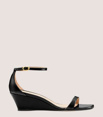 Stuart Weitzman,NUDISTCURVE 50 WEDGE,Leather,Sandals,Cut Out,Traction,Day Party,Black,Front View