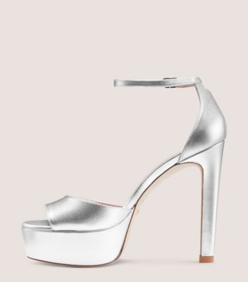 Stuart Weitzman,DISCOPLATFORM SANDAL,Leather,Sandals,Traction,Party,Metallic,Silver