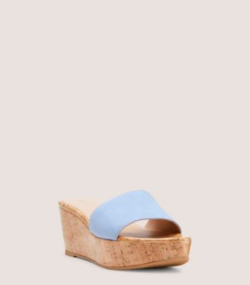 Stuart Weitzman,Mule estivale à talon compensé,Slide,Suède et liège,Centaurée bleuet,Side View