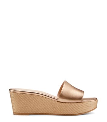 Stuart Weitzman,Summer Slide Wedge,Slide,Metallic leather & fine raffia,Gold/Tan,Front View