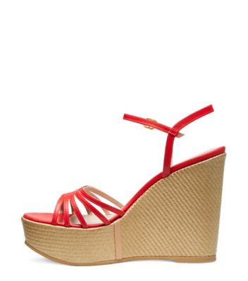 Stuart Weitzman,SANDALE SOIRÉE AVEC SANGLES ET TALON COMPENSÉ,Sandal,Cuir et raphia fin,Corail