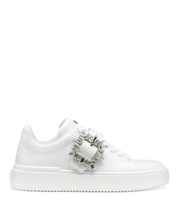 Stuart Weitzman,SW Shine Buckle Sneaker,Sneaker,Leather,White,Front View