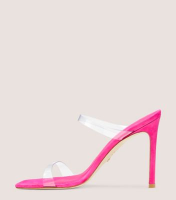 Stuart Weitzman,Aleena 100 Square-Toe Sandal,Slide,PVC & suede,Clear/Magenta