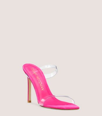 Stuart Weitzman,Aleena 100 Square-Toe Sandal,Slide,PVC & suede,Clear/Magenta