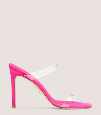 Stuart Weitzman,Aleena 100 Square-Toe Sandal,Slide,PVC & suede,Clear/Magenta