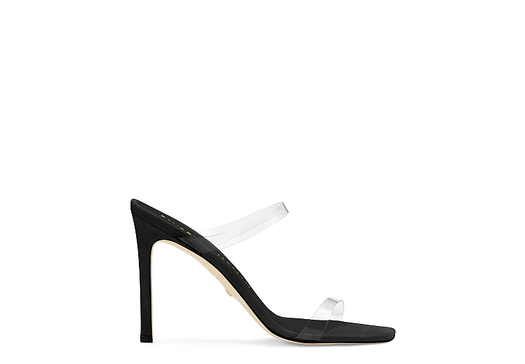 Stuart Weitzman,Aleena 100 Square-Toe Sandal,Slide,PVC & suede,Clear/Black,Front View