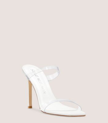 Stuart Weitzman,ALEENA 100 SQUARE-TOE SANDAL,Slide,PVC & leather,Clear & White,Side View