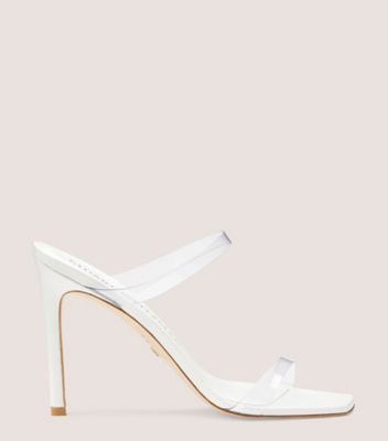 Stuart Weitzman,ALEENA 100 SQUARE-TOE SANDAL,Slide,PVC & leather,Clear & White,Front View