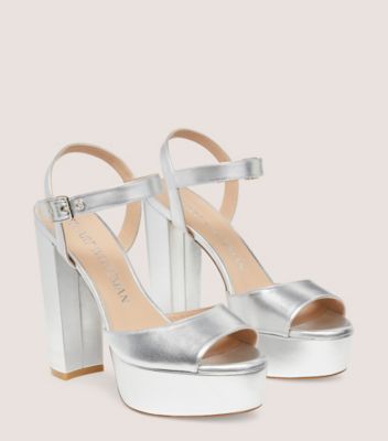 Stuart Weitzman,RYDER 95 PLATFORM SANDAL,Sandal,Liquid Metallic Leather,Silver,Angle View