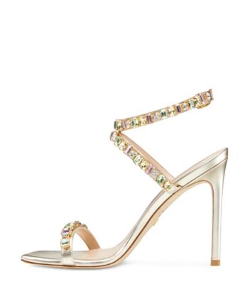 Stuart Weitzman,Jaide 100 Gem Sandal,Sandal,Liquid Metallic Leather,Platino Gold