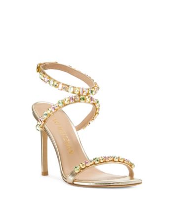 Stuart Weitzman,Sandale avec gemmes Jaide 100,Sandal,Cuir métallique liquide,Or platino,Side View