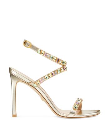 Stuart Weitzman,Jaide 100 Gem Sandal,Sandal,Liquid Metallic Leather,Platino Gold