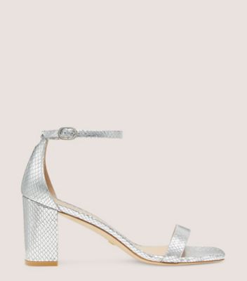 Stuart Weitzman,Nudistcurve 75 Block Sandal,Sandal,Metallic snake embossed leather,Silver,Front View