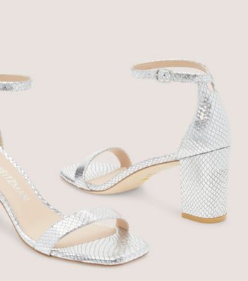 Stuart Weitzman,NUDISTCURVE 75 BLOCK SANDAL,Leather,Sandals,Party,Metallic,Silver