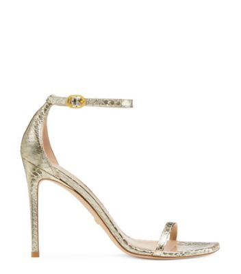 Stuart Weitzman,Nudistcurve 100 Strap Sandal,Sandal,Metallic watersnake leather,Platino Gold