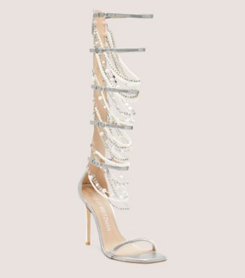 Stuart Weitzman,Nudist Pearldrop Gladiator 110 Sandal,Sandal,Liquid Metallic Leather,Silver