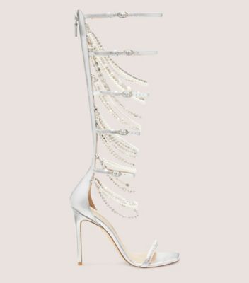 Stuart Weitzman,Sandale gladiateur Nudist Pearldrop 110,Sandal,Cuir métallique liquide,Argent,Front View