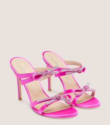 Stuart Weitzman,SW BOW 100 SLIDE,Satin,Leather,Slides,Crystal,Caged,Bow,Rhinestones,Cocktail,Fuchsia,Angle View