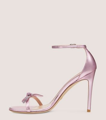 Stuart Weitzman,NUDIST SW BOW 100 SANDAL,Leather,Cotton,Sandals,Crystal,Rhinestones,Bow,Cocktail,Metallic,Rose Gold