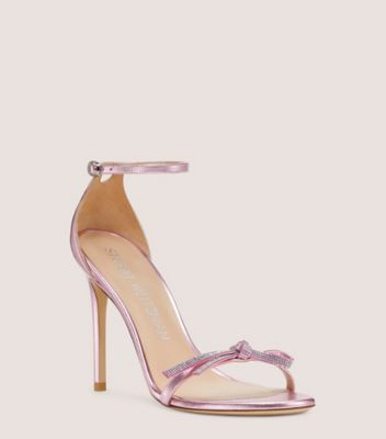 Stuart Weitzman,NUDIST SW BOW 100 SANDAL,Leather,Cotton,Sandals,Crystal,Rhinestones,Bow,Cocktail,Metallic,Rose Gold,Side View