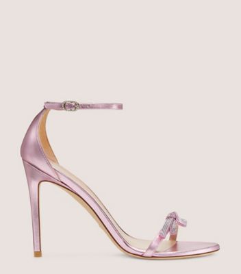 Stuart Weitzman,NUDIST SW BOW 100 SANDAL,Leather,Cotton,Sandals,Crystal,Rhinestones,Bow,Cocktail,Metallic,Rose Gold,Front View