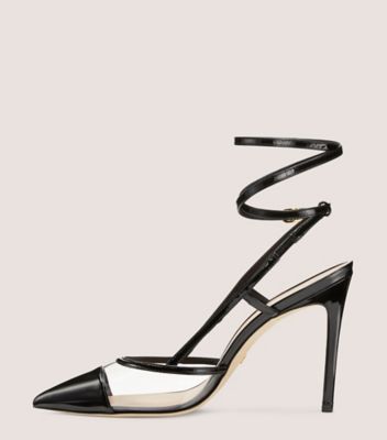 Stuart Weitzman,Escarpin Mondrian 100,Pump,Cuir verni et PVC,Noir et transparent