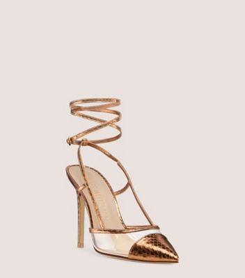 Stuart Weitzman,Mondrian 100 Pump,Pump,Metallic watersnake leather & PVC,Brass & Clear,Side View