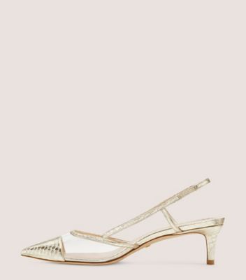 Stuart Weitzman,Mondrian 50 Slingback,Pump,Metallic watersnake leather & PVC,Platino/Clear