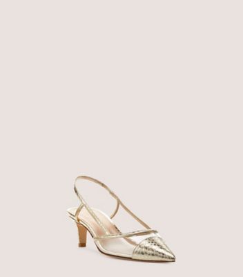 Stuart Weitzman,Mondrian 50 Slingback,Pump,Metallic watersnake leather & PVC,Platino/Clear,Side View