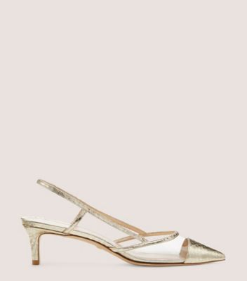 Stuart Weitzman,Mondrian 50 Slingback,Pump,Metallic watersnake leather & PVC,Platino/Clear,Front View