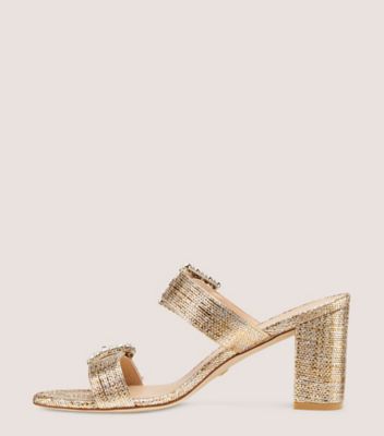 Stuart Weitzman,Pearl Geo Buckle 75 Slide,Slide,Metallic raffia,Washed Gold