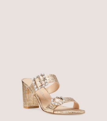 Stuart Weitzman,Pearl Geo Buckle 75 Slide,Slide,Metallic raffia,Washed Gold,Side View