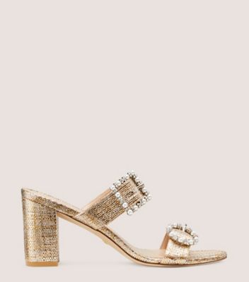 Stuart Weitzman,Pearl Geo Buckle 75 Slide,Slide,Metallic raffia,Washed Gold,Front View