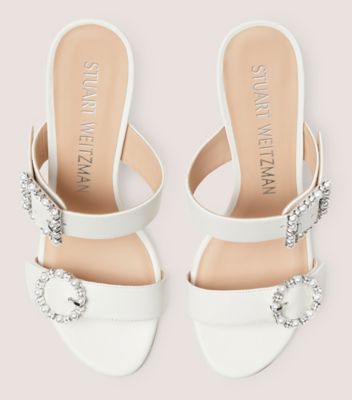 Stuart Weitzman,PEARL GEO BUCKLE 75 SLIDE,Nappa Leather,Slides,Crystal,Pearl,Rhinestones,Silver Metal,Cocktail,White,Detailed View