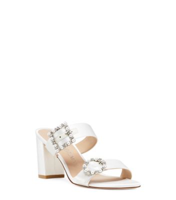 Stuart Weitzman,Pearl Geo Buckle 75 Slide,Slide,Satin,White,Side View