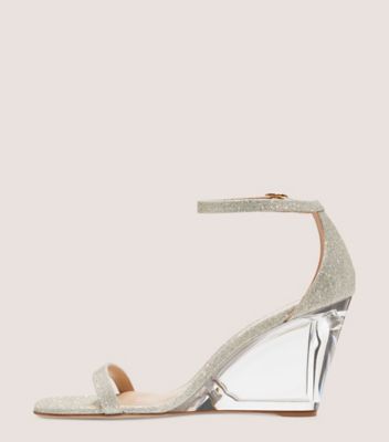 Stuart Weitzman,Soulier à talon compensé Nudistlucite 85,Sandal,Fines paillettes,Or platino