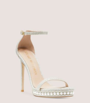 Stuart Weitzman,NUDISTDISCO PEARL PLATFORM SANDAL,Leather,Rubber,Sandals,Pearl,Glitter,Embellished,Party,Metallic,Silver,Side View