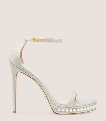 Stuart Weitzman,Sandale à plateforme Nudistdisco avec perles,Sandal,Fines paillettes,Or platino,Front View