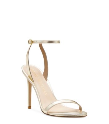 Stuart Weitzman,Barelynude 100 Sandal,Sandal,Liquid Metallic Leather,Platino Gold,Side View