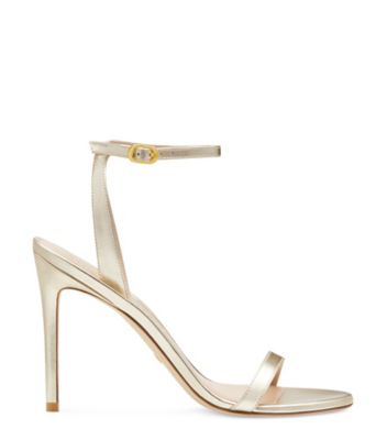 Stuart Weitzman,Barelynude 100 Sandal,Sandal,Liquid Metallic Leather,Platino Gold,Front View