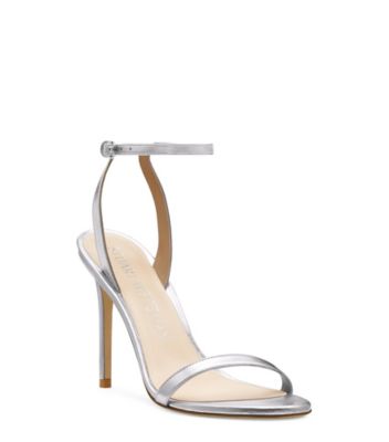 Stuart Weitzman,Barelynude 100 Sandal,Sandal,Liquid Metallic Leather,Silver,Side View