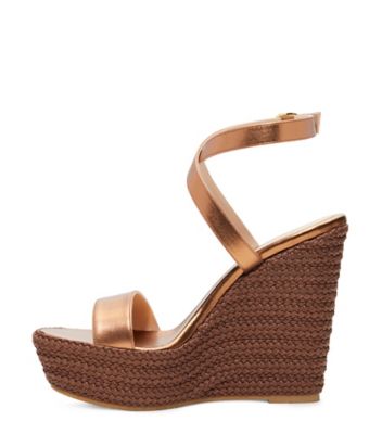 Stuart Weitzman,Alex Platform Wedge,Sandal,Liquid Metallic Leather,Brass