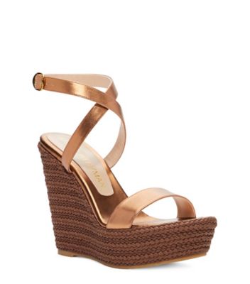 Stuart Weitzman,Alex Platform Wedge,Sandal,Liquid Metallic Leather,Brass