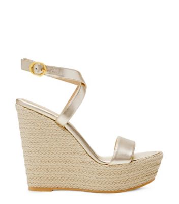 Stuart Weitzman,Alex Platform Wedge,Sandal,Liquid Metallic Leather,Platino Gold,Front View